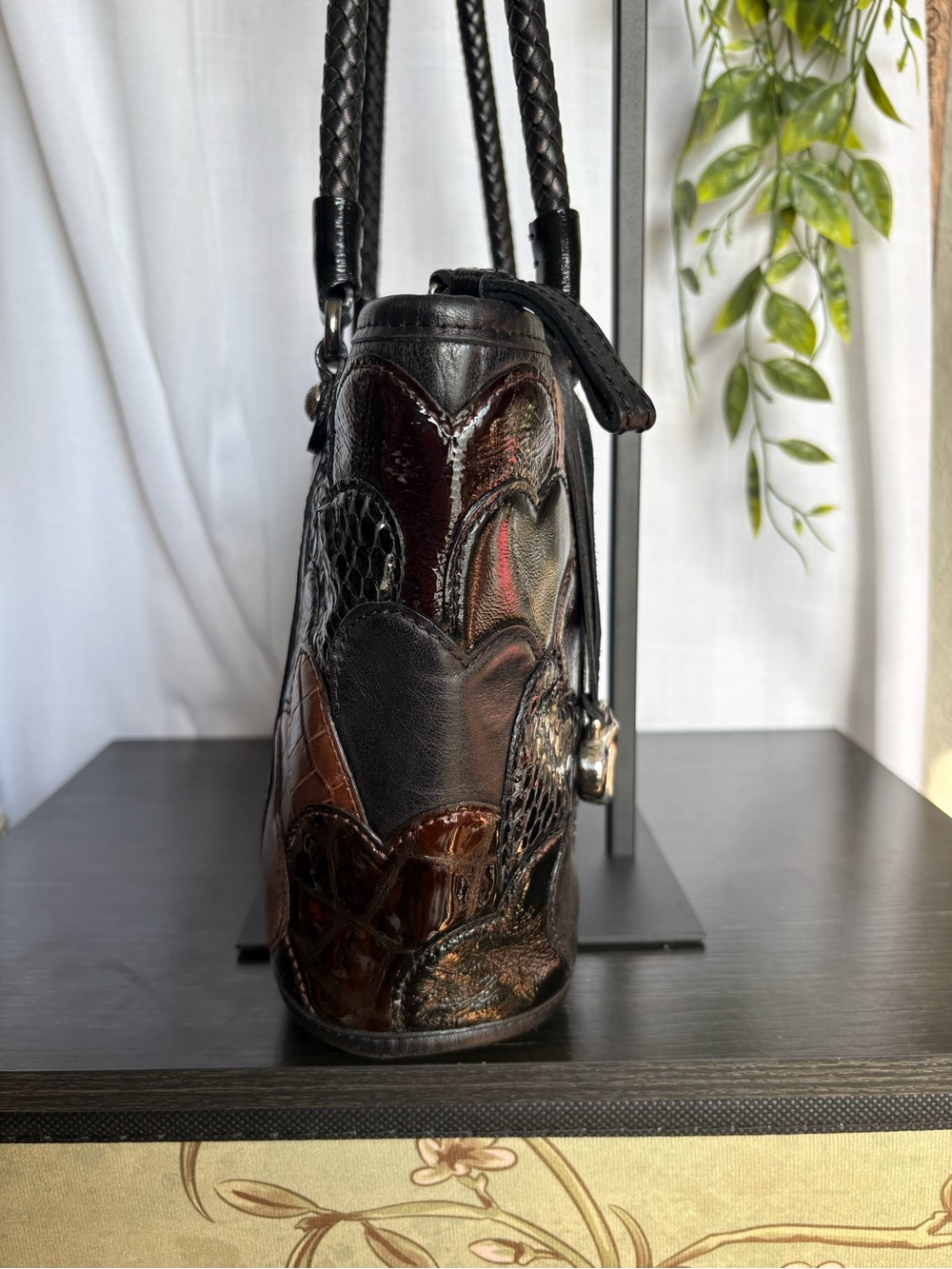Vintage Brighton Black Leather Patchwork Hearts Shoulder Bag Croc Snake Braided - Picture 4 of 11